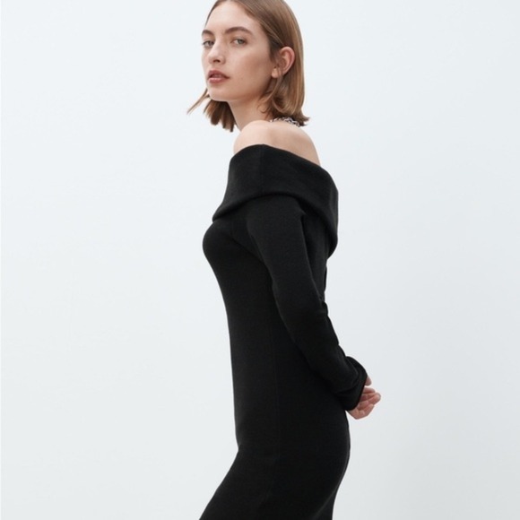 Zara Women's Soft Midi Sweater Dress Size S Black Long Sleeve Off Shoulder Goth - Picture 3 of 11